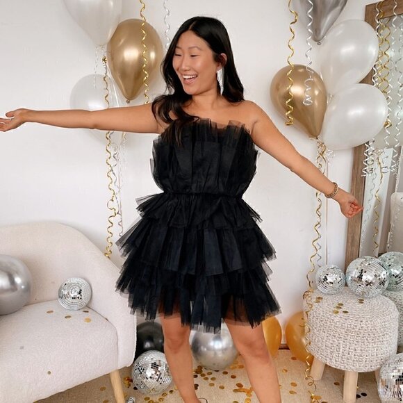 COPY - Mable Organza Tube  Ruffle Mini Dress Black Women's Size S - Picture 1 of 16